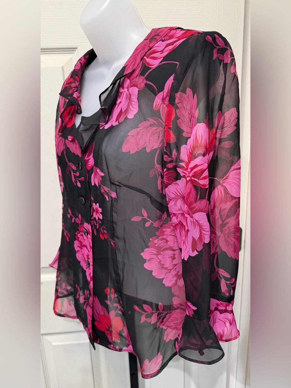 VTG Miss Dorby Sheer Black Blouse with Pink Floral Print